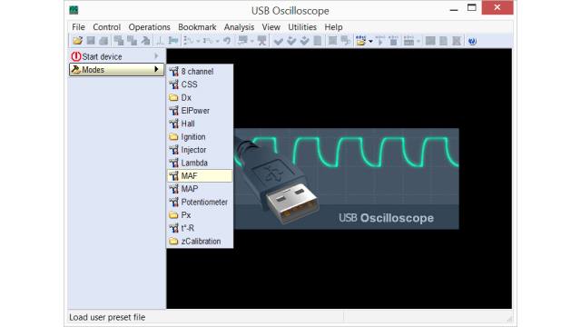 Setting the USB Autoscope IV to the mass air flow sensor testing mode.
