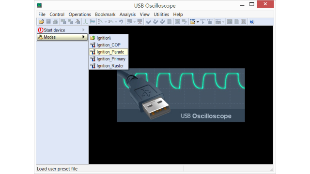 Setting the USB Autoscope IV to display ignition pulses in the “Ignition_Parade” testing mode.

