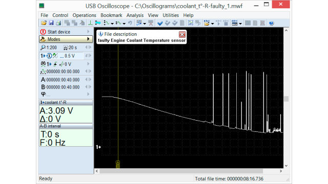 Output voltage waveform of the engine coolant temperature sensor with a malfunction, recorded while the engine was cold and running at idle.
